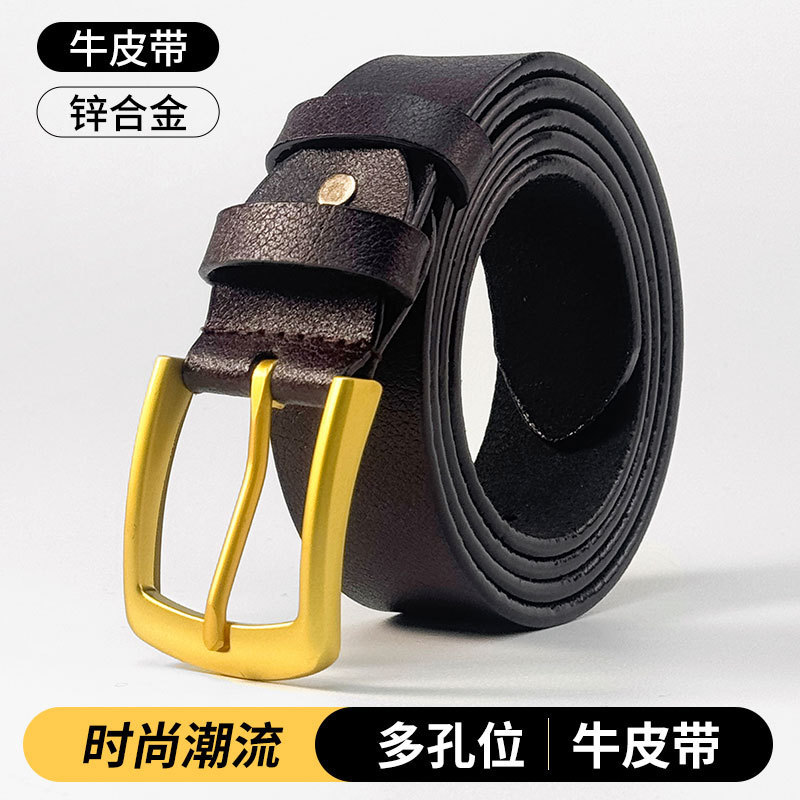 Men's Genuine Leather Vintage Fashion Versatile Buffalo Leather Belt with Imitation Copper Buckle, Extra-Long Large Size Casual Belt