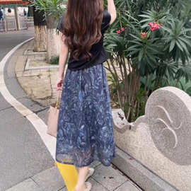 气质天丝亚麻高腰半身裙女夏2026显瘦中长碎花a字裙遮胯大摆纱裙