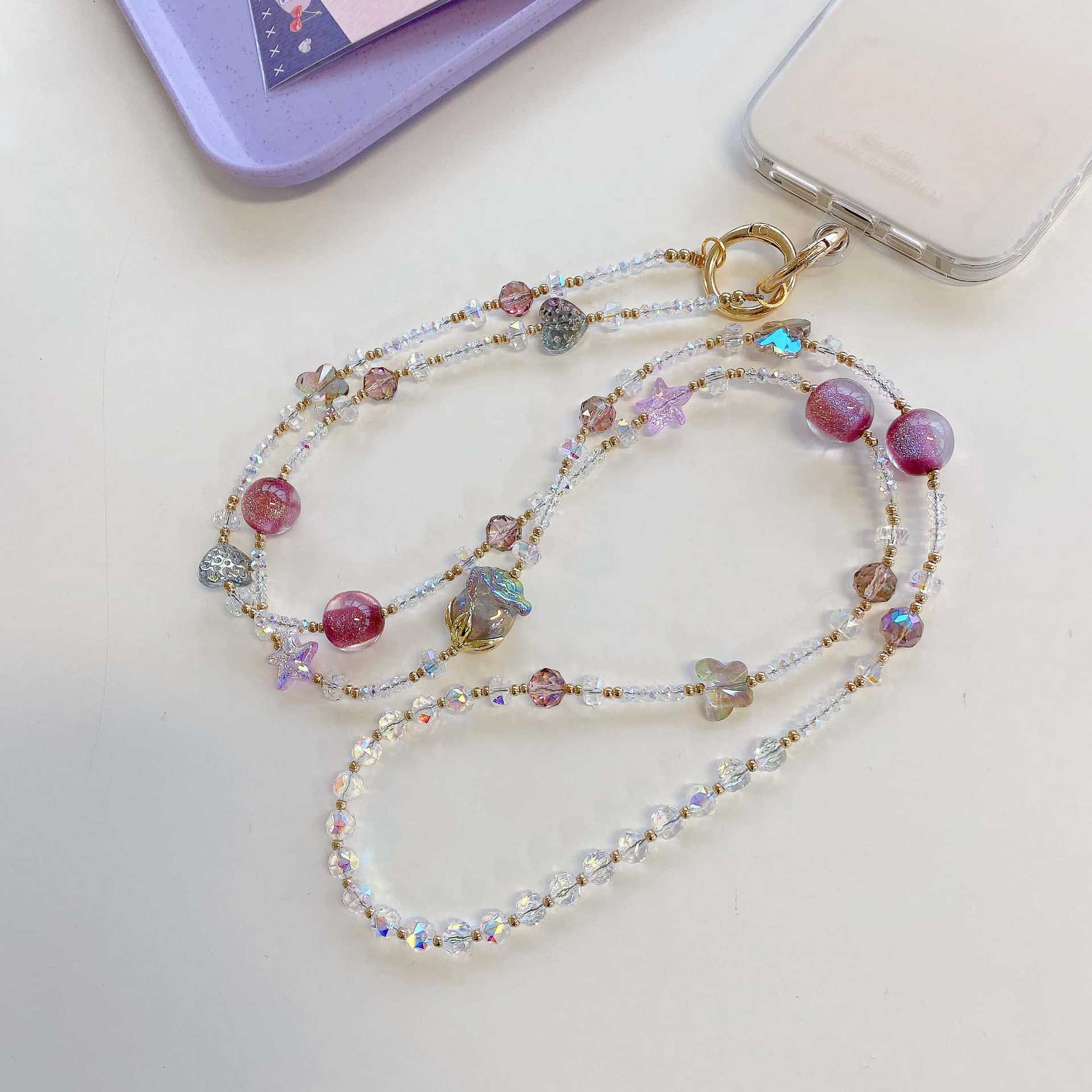 Boutique hecho a mano de alta gama teléfono móvil cadena colgante mujer tulipán sueño púrpura cadena larga moda teléfono móvil cordón largo mensajero colgante