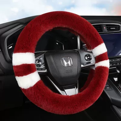 Amazon Winter Stuffed Car Steering Wheel Cover Unisex Anti-Slip Winter Warm Fur Integrated Handle Cover (Steering wheel cover) - maroon-red-round-type-38cm