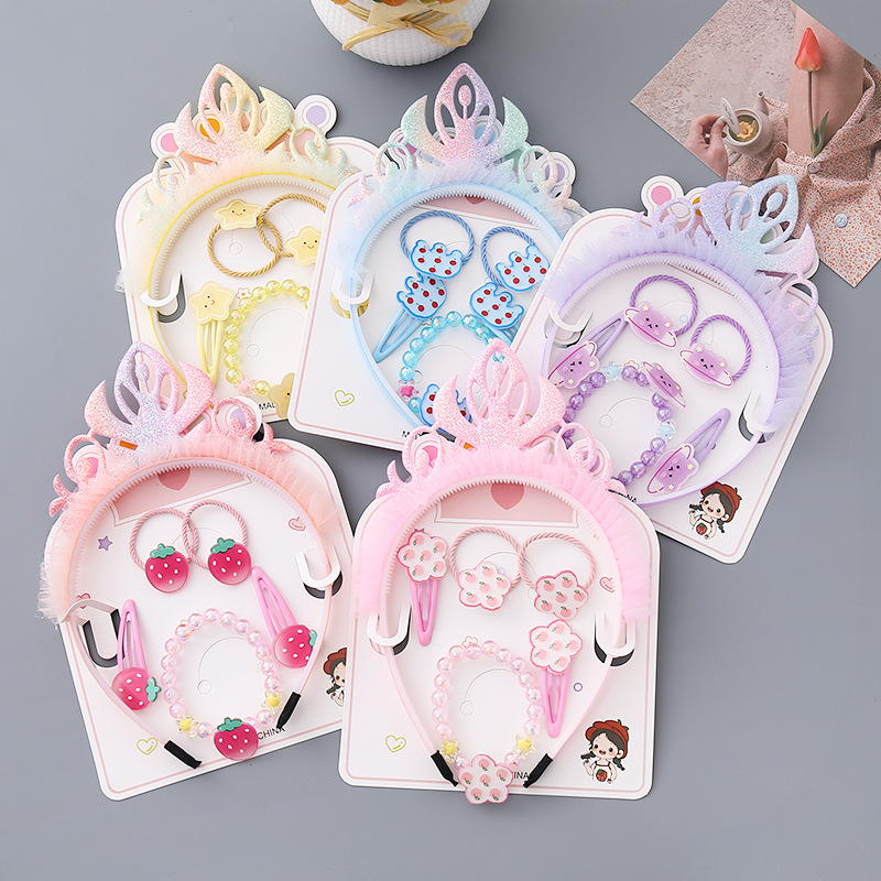 Children's Birthday Gift Jewelry Girls Gauze Crown Hairband Princess Floral Drop Oil Flower Hairpin Cartoon Bracelet