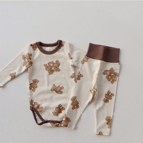 Korean children's clothing for spring and autumn, featuring baby bear and rabbit designs, long-sleeved climbing suits, baby triangular vests, and a two-piece set.