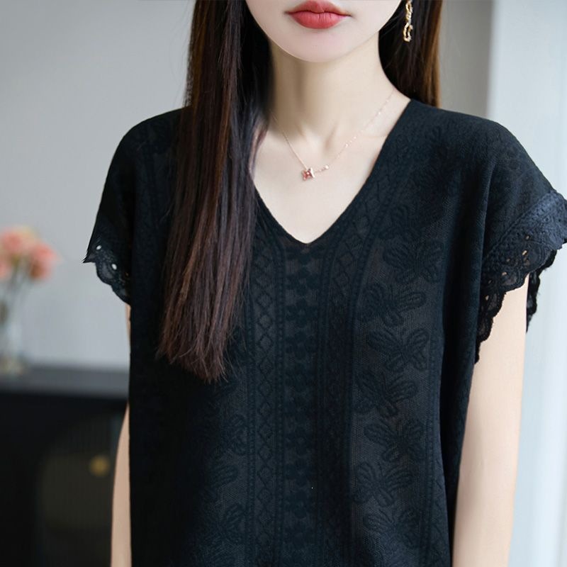Áo thun nữ cổ V ngắn tay dệt kim Jacquemard phong cách Pháp, form rộng suông che khuyết điểm — 965 # Khí chất đen [chất lượng cao] Nhẹ và thoáng khí, 965 # ánh trăng trắng [chất lượng cao] rộng rãi gầy chi tiết 9