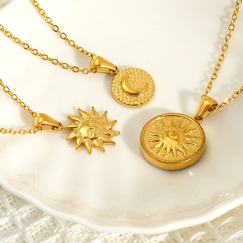 All Seasons Season Wholesale Jewelry IG Style Retro Sun Star Moon 304 Stainless Steel 18K Gold Plated Pendant Necklace Cable Chain