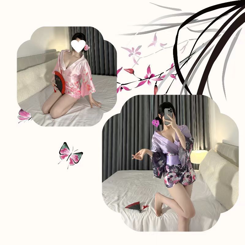 Japanese Kimono Cosplay Lingerie Set with Pink Robe and Body Stocking, Polyester, One Size — detail image 8
