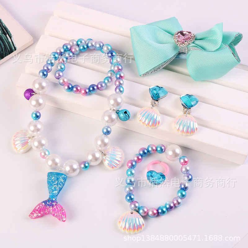 Collar para niños sirena cola collar de perlas pulsera anillo pendientes traje transfronterizo niñas bebé joyería al por mayor