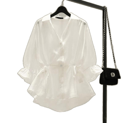 Women's Summer Outerwear Long Sleeve Thin Shirt 2025 Waist-Cinch Collar Top Fashion Ins V-Neck Stylish Shirt for Petite Women