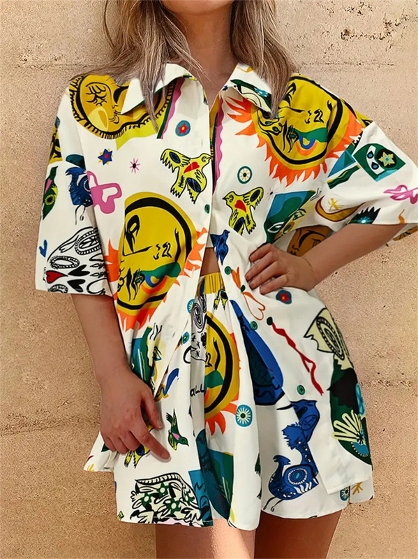 Cross-Border Trade Graffiti Print Open-Front Shirt and Shorts Two-Piece Set, Color-Block Casual Pants, Casual Pod Custom-Made