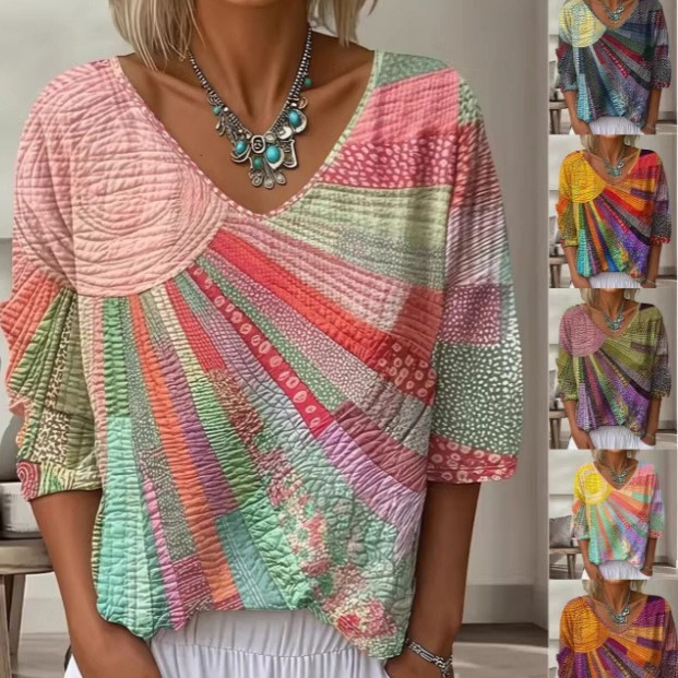2026 Cross-Border European and American Retro Floral Gradient Art Print Three-Quarter Sleeve V-Neck Top for Women 2026 Cross-Border European and American Retro Floral Gradient Art Print Three-Quarter Sleeve V-Neck Top for Women
