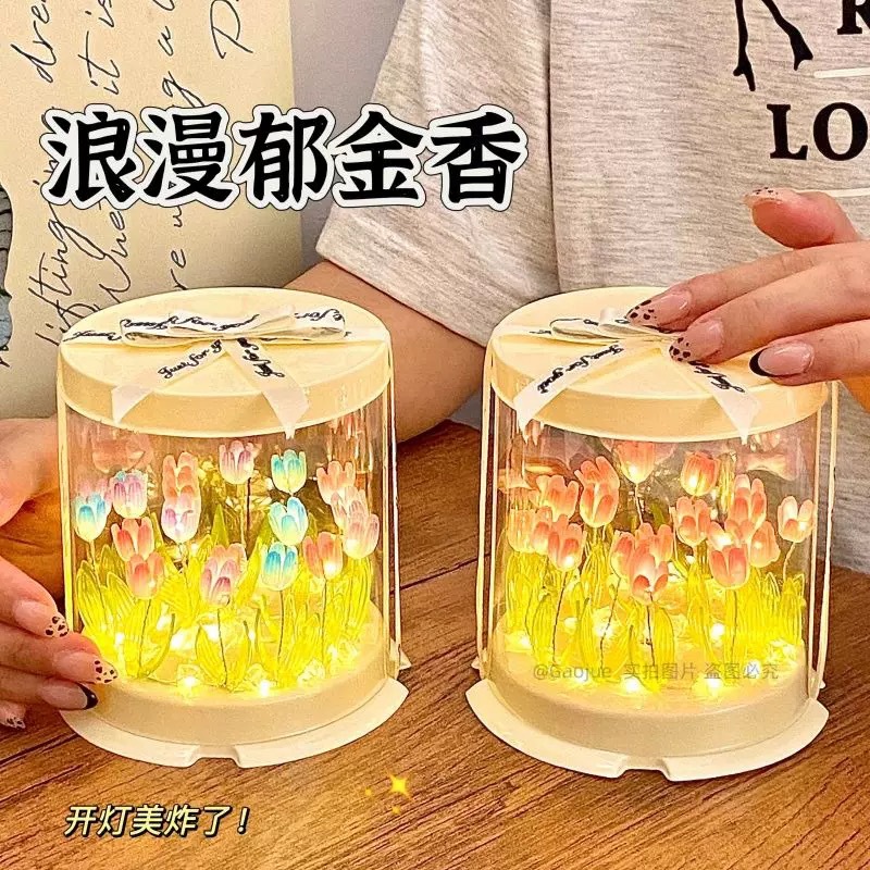Nueva luz de noche de tulipán creativa, material de bricolaje hecho a mano, caja de pastel, luz de ambiente de mar de flores románticas, fuente transfronteriza