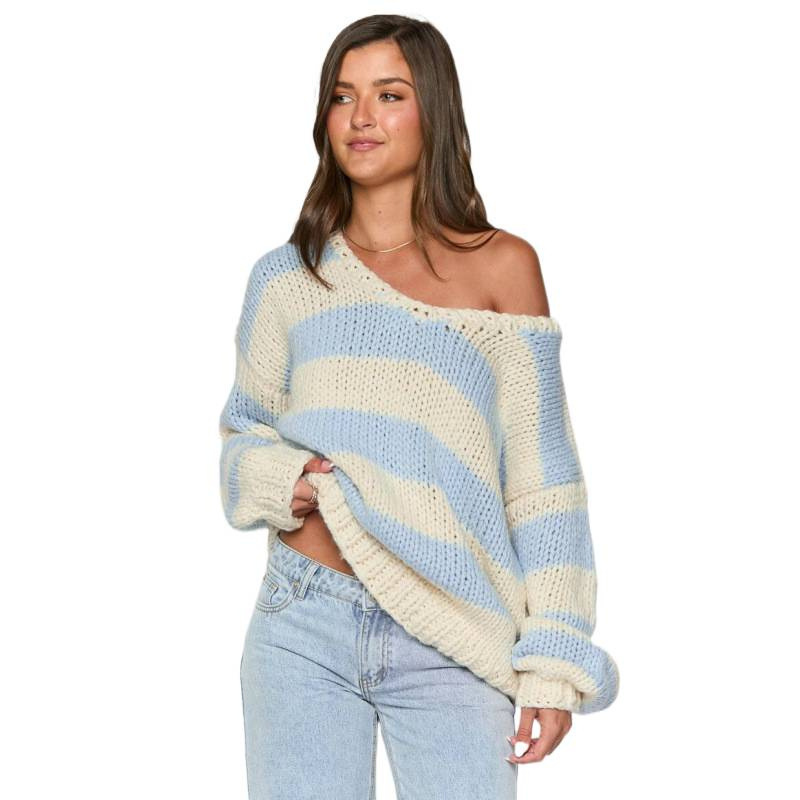 Pull ample en maille décontractée, épaules asymétriques, taille S, disponible en gros. Nombreux hauts rayés Pamine disponibles._voghion.com