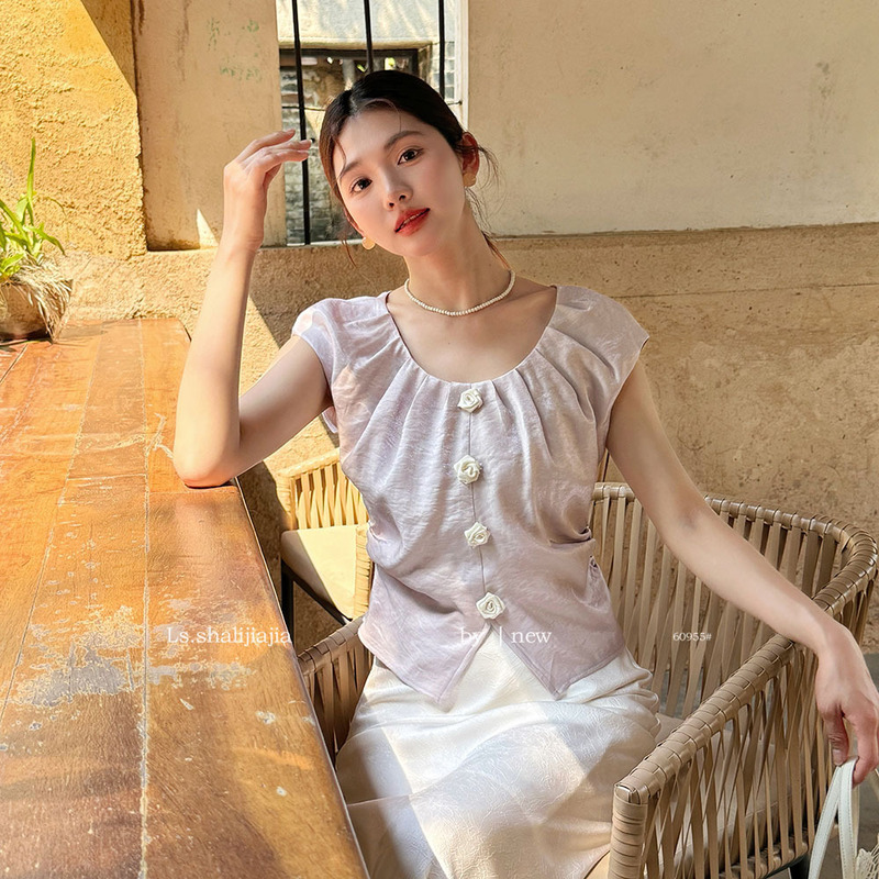 Ls French-Style Sweet Solid Color Rose Button Blouse for Women, Guangzhou Shisanxing New Summer Women's Top 60955