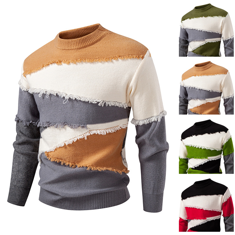 Pull en tricot tendance pour homme - Pull rétro oversize avec col ras du cou, manches longues et badge brodé (M-3XL, gris/rouge/moutarde/vert)_voghion.com