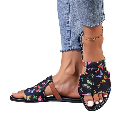 Cross-border large size cool slippers for women, foreign trade fashion, versatile flat bottom floral pattern cool slippers for women, European and American style beach slippers