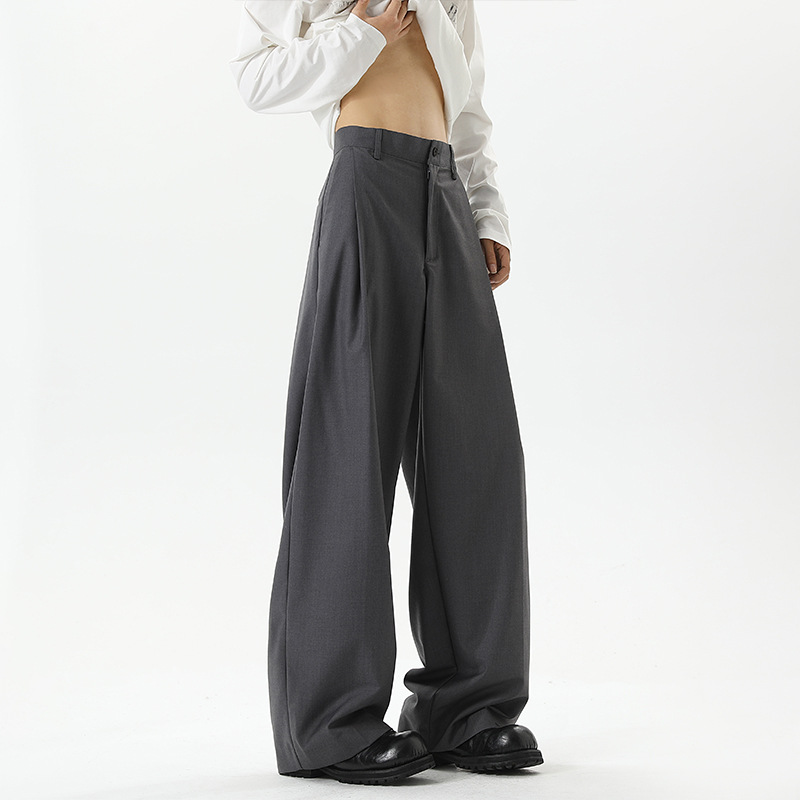 Pantaloni da uomo neri a pieghe, primavera autunno, drappeggiati, a gamba larga, casual, di tendenza, stile americano, a gamba dritta._voghion.com
