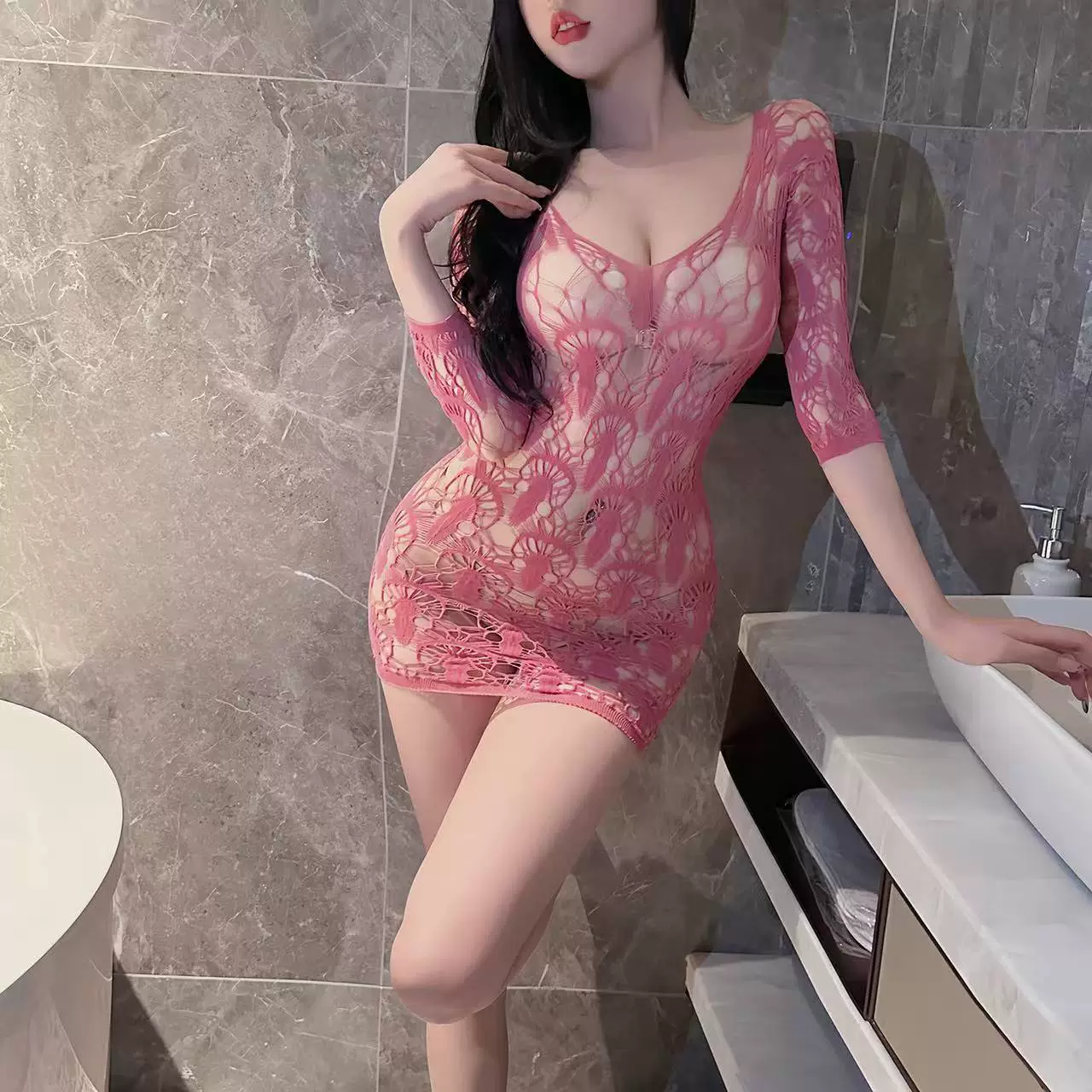 吸管少女 Mid-sleeve hollow mesh dress with hip-covering skirt, large open back, sexy see-through lingerie, one-piece fishnet stockings W140