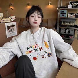 美式复古趣味卡通套头卫衣女秋季慵懒chic薄款宽松上衣潮