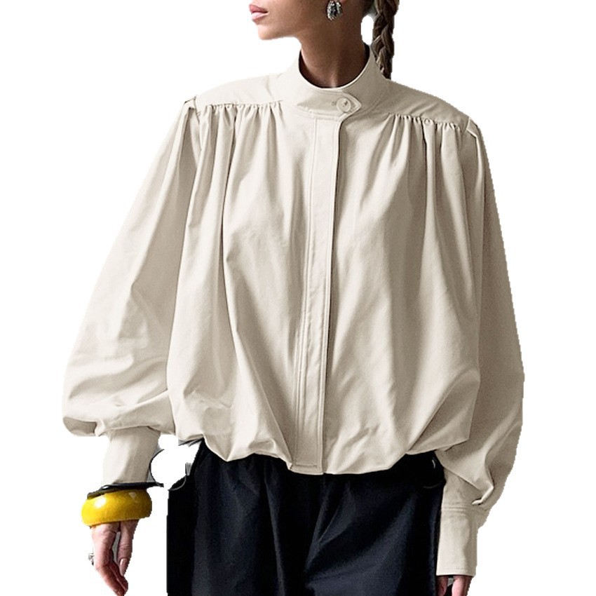 Designer High-Neck Puff Sleeve Blazer – Chic Oversized Coat For Women, Work-to-Weekend Versatile Jacket_voghion.com