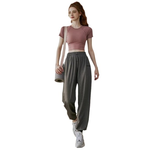 Women's Summer Thin Ice Silk Casual Long Pants Set Fitness Suit Ankle Running Loose Yoga Pants