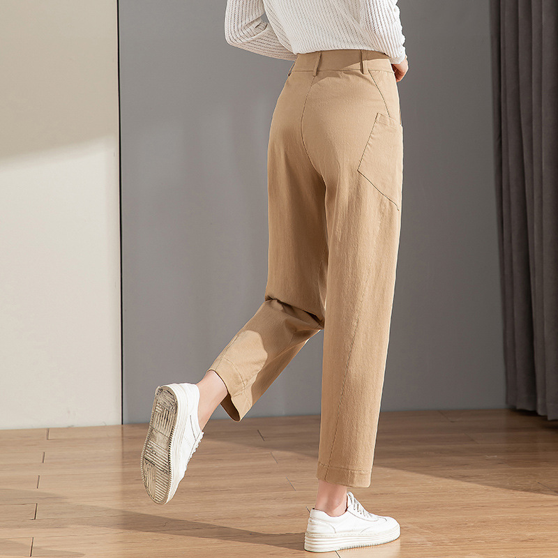 Quần chuối nữ ống rộng dáng thon gọn, cạp cao, chất cotton giặt thường, phong cách cổ điển — Màu Kaki