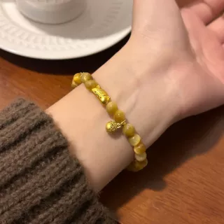 新中式金色虎眼串珠手链女小众轻奢设计小猫卡通可爱法棍猫咪手串