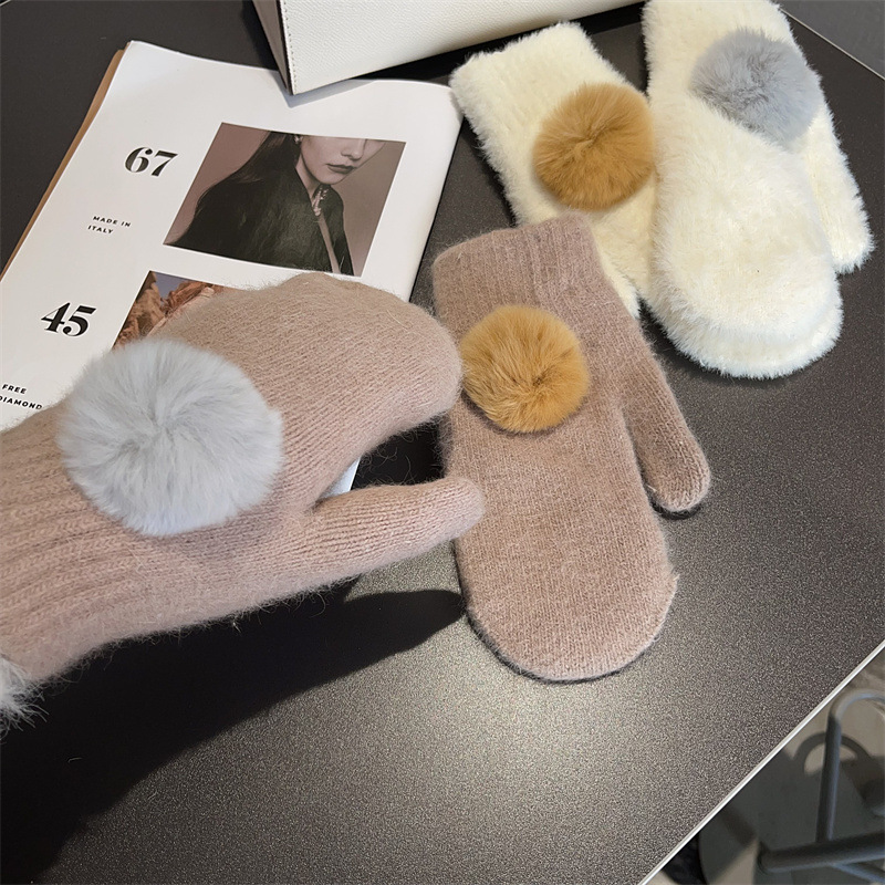 Gants en laine à cinq doigts pour femmes en laine à boules de poils, nouveaux modèles d'automne et d'hiver en cachemire à écran tactile, empilés et épaissis_voghion.com
