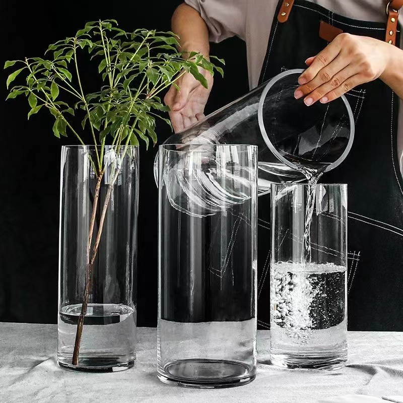 批發大號透明直筒玻璃花瓶 落地加厚馬醉木插花 裝飾擺件人工吹制