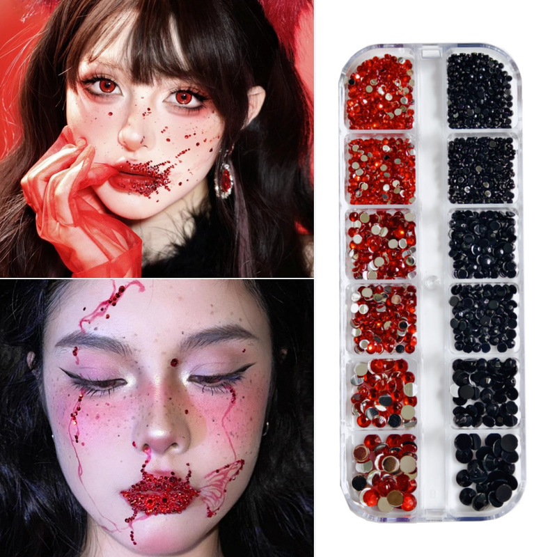 Cross-border 12-grid acrylic multi-size round diamond silver AB red size mixed resin flat nail art jewelry