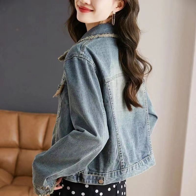 美式毛边短款牛仔外套女春秋小个子小众设计感港风复古长袖上衣|undefined