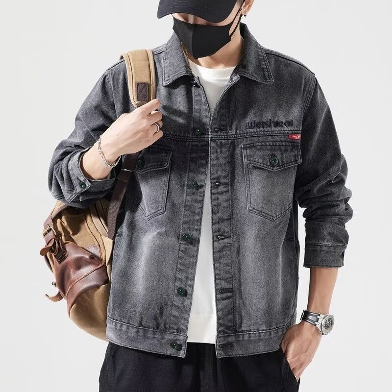 Retro Washed Denim Jacket for Men, Spring Trendy Brand Light-Colored Workwear Jacket, Loose Casual Turn-Down Collar Denim Top