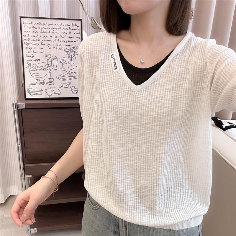 ヨーロッパ偽ツーピースアイスシルクニット半袖Tシャツ女性用2025夏大きいサイズお腹カバー痩身ヨーロッパトップ|undefined