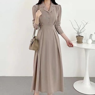 2025 Korean Chic Spring New Style Light and Mature Waist Polo Collar Dress Puff Sleeve Slim Shirt A-Line Skirt