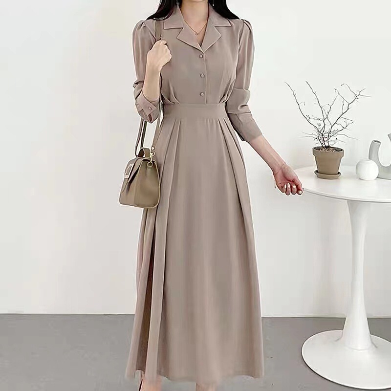 2025 Korean Chic Spring New Style Light and Mature Waist Polo Collar Dress Puff Sleeve Slim Shirt A-Line Skirt 2025 Korean Chic Spring New Style Light and Mature Waist Polo Collar Dress Puff Sleeve Slim Shirt A-Line Skirt