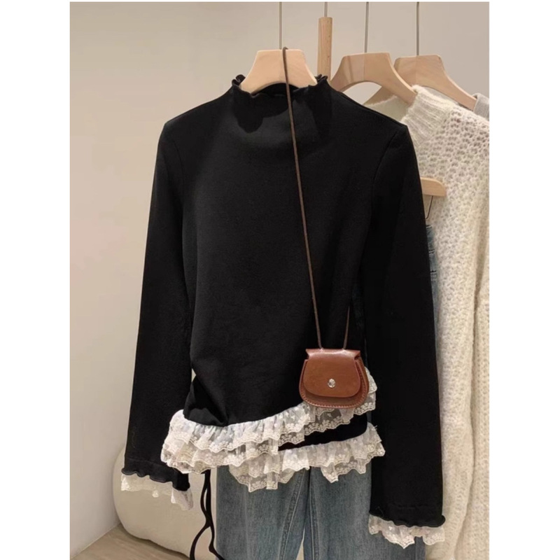 Half-High Collar Ruffled Ribbed Long-Sleeve Base Shirt for Women 2026 Autumn/Winter Lace Trim Patchwork Waist-Cinching Inner Top