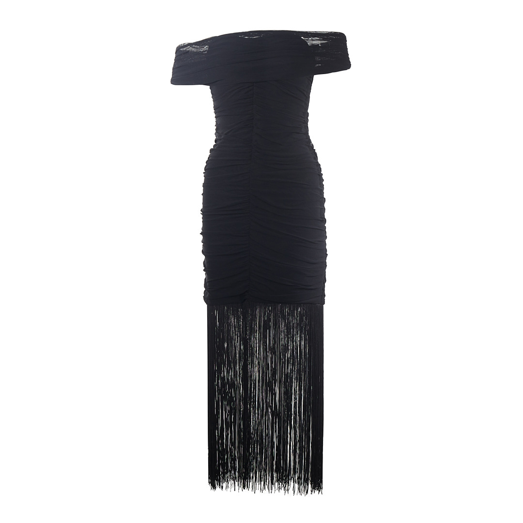 Sexy Party Black off Shoulder Tassel Sexy off Shoulder Dress