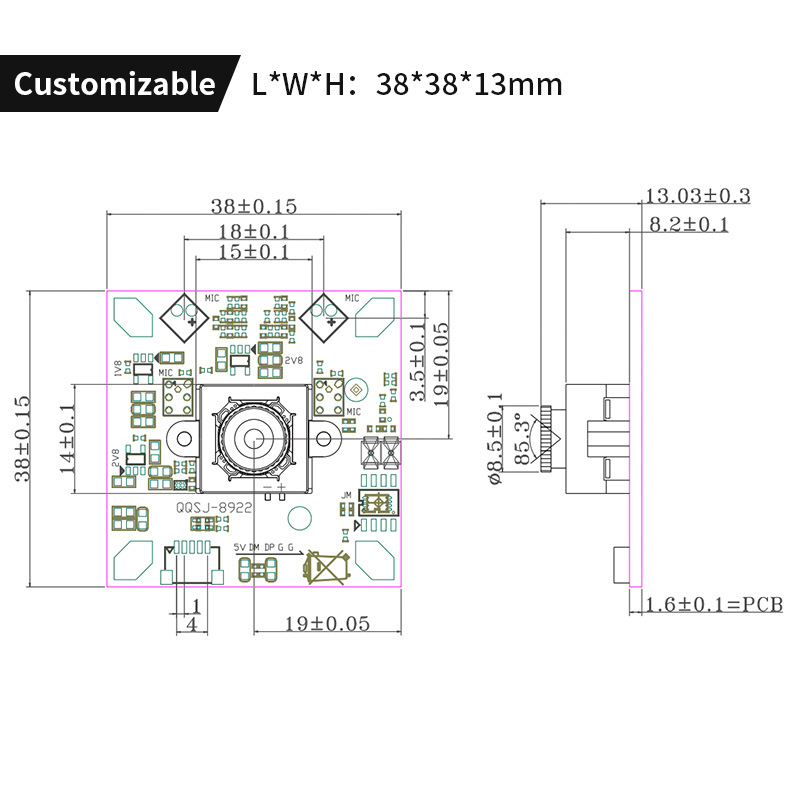 800万4kP IMX415 AF自动对焦无畸变广角USB移动支付HDR摄像头模组