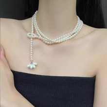nana同款韩国长款珍珠项链锁骨链花朵吊坠百搭叠戴女毛衣链珍珠链