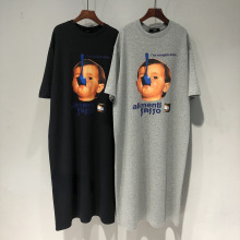 1197#2025夏新品纯棉 可爱小男孩图案长款过膝T恤连衣裙女夏