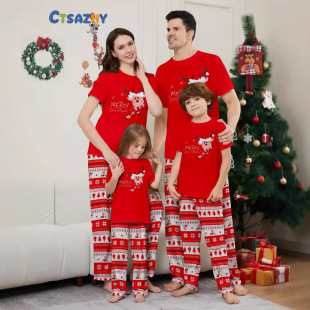 Cross-Border New Deer Short-Sleeved Printed Trousers Baby Boys and Girls Women's Clothing Men's Red Christmas Parent-Child Pajamas