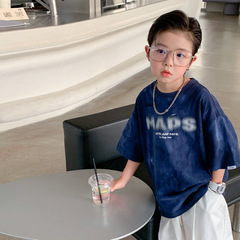 潮牌寬鬆水洗做舊男童純棉T恤夏裝2024年新款兒童短袖中大童半袖