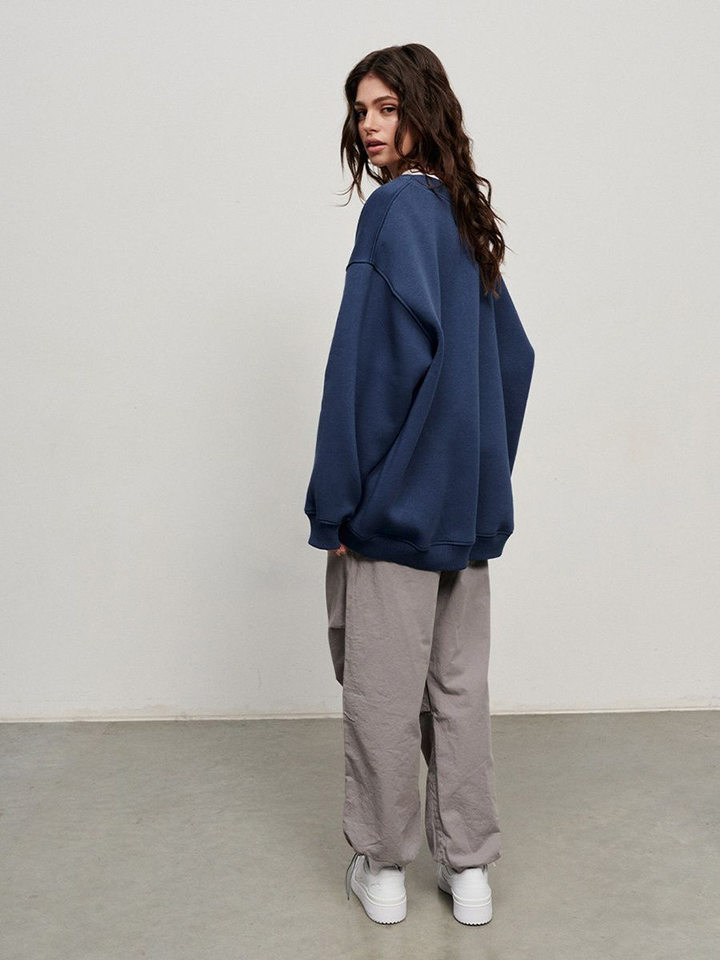 Áo sweatshirt nữ cổ tròn dáng rộng oversize tay dài chất liệu nỉ lông — Hoa màu xám, Màu cà phê, Màu trắng, Xanh navy chi tiết 21