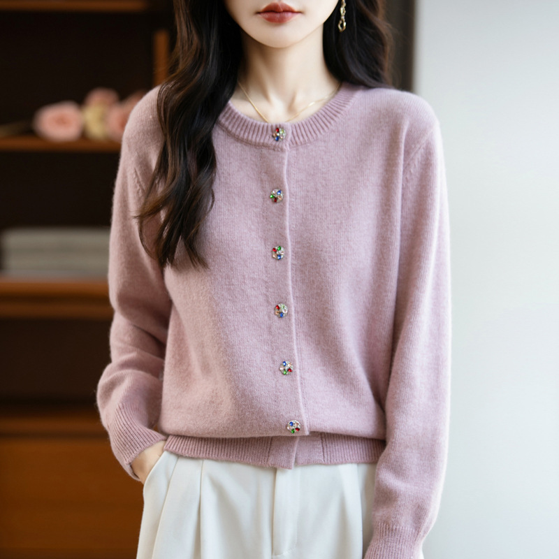 Autumn and Winter New Suede Women's Thickeneded Cardigan Woolen Knitwear Loose Color Diamond Button Round Neck Knitwear Top Long-Sleeved Jacket