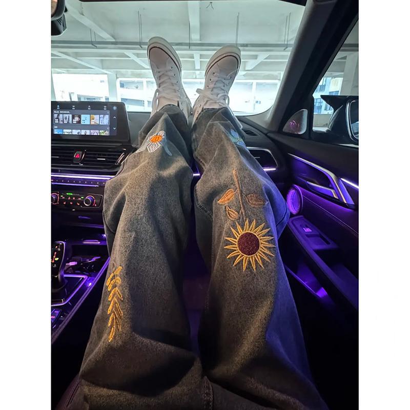 Floral Embroidery Jeans for Men, Straight Loose Wide-Leg, High-End American Style Pants, Trendy Brand, Stylish Design Long Pants