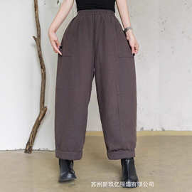 2025冬季新款文艺复古加棉休闲裤女 气质麻棉宽松休闲直筒棉裤女