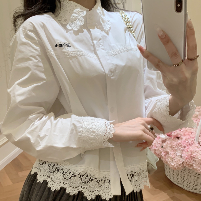 Miu Series White French-Style Long-Sleeve Shirt for Women with Crochet Lace Embroidery and Turn-Down Collar Miu Series White French-Style Long-Sleeve Shirt for Women with Crochet Lace Embroidery and Turn-Down Collar