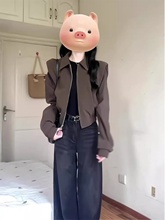 深棕色短款垫肩翻领夹克外套女春秋港风复古美拉德穿搭慵懒棒球服