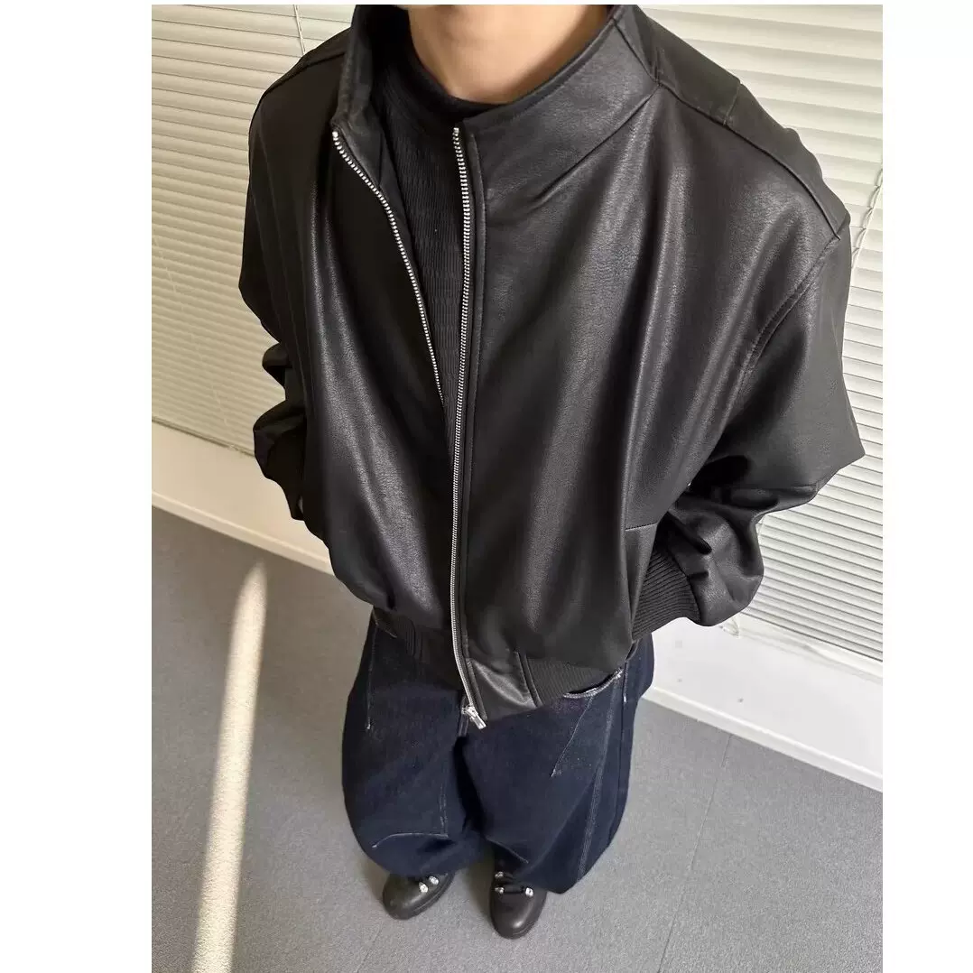 跨境春秋短款高级感纯色皮衣外套男装宽松立领垫肩机车风PU皮夹克