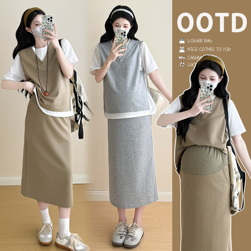Maternity Summer Outfit Set for Petite Trendy Moms 2026 New Style Pure Cotton Patchwork Faux Two-Piece Top and Skirt Two-Piece Set