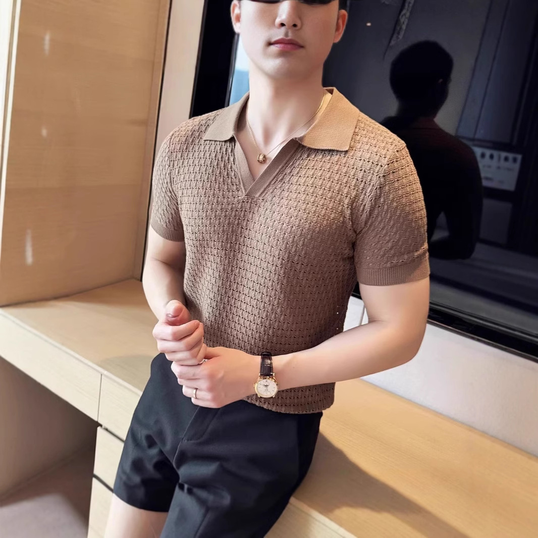 2025 camiseta cocida ligera de punto hueco transfronterizo, camiseta de manga corta delgada de verano con cuello redondo, camiseta de moda