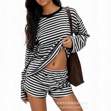 女式条纹休闲套装春夏季亚马逊欧美女装新款圆领运动衫两件套女